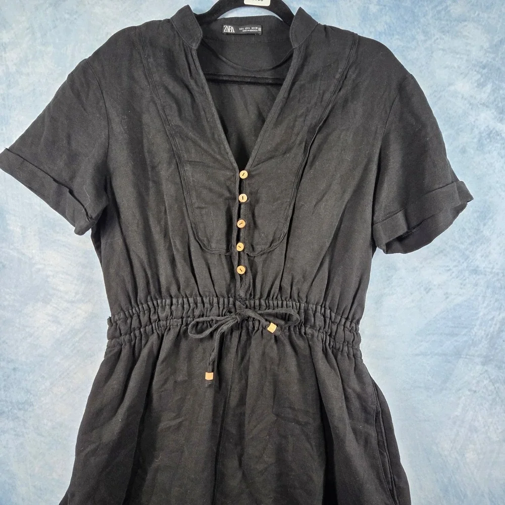 Zara Black Linen Blend Short Sleeve Button Front Drawstring Romper‎ Womens M